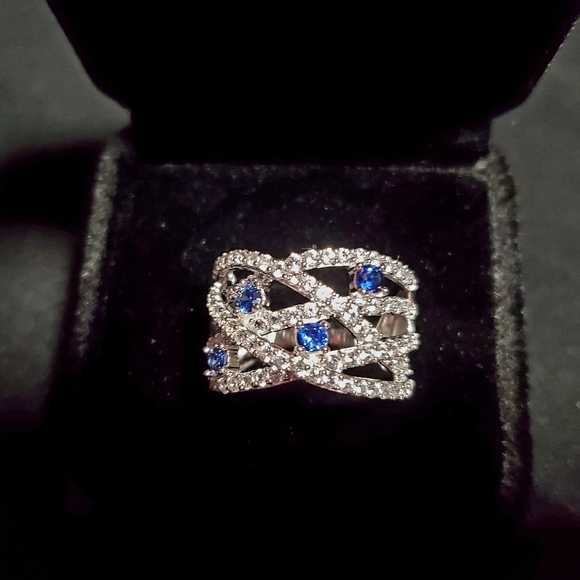 Blue & White Sapphire Cross Band Ring - Picture 3 of 4